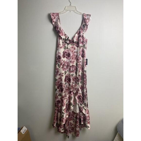 New EXPRESS Floral Print Ruffle Hi Lo Maxi Dress Pink Green Summer Size 12 - Picture 3 of 15